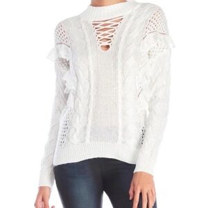 Torn by Ronny Kobo White Lace-Up Cable Knit Sweater